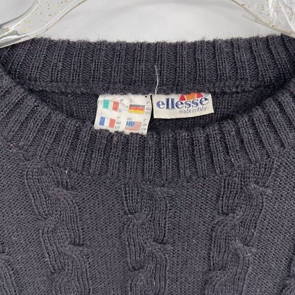 Vintage ELLESSE Wool Black 80s Mens Sweater L Italy Orange Cable knit Fishermens - Picture 3 of 6